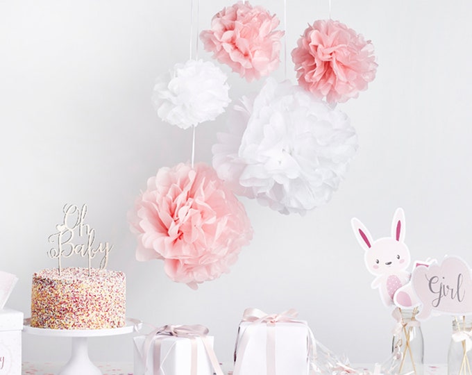 PASTEL PINK POMPOMS. kit to make 5 lovely pom poms to add style to your boy baby shower naming party or christening