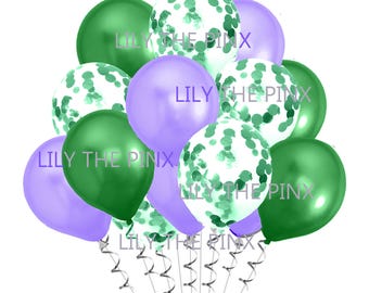 15 pack of party balloons 5 metallic green, 5 green metallic confetti and 5 metallic lilac balloons wedding anniversary, birthday party