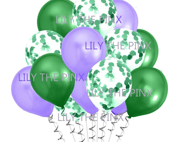 15 pack of party balloons 5 metallic green, 5 green metallic confetti and 5 metallic lilac balloons wedding anniversary, birthday party
