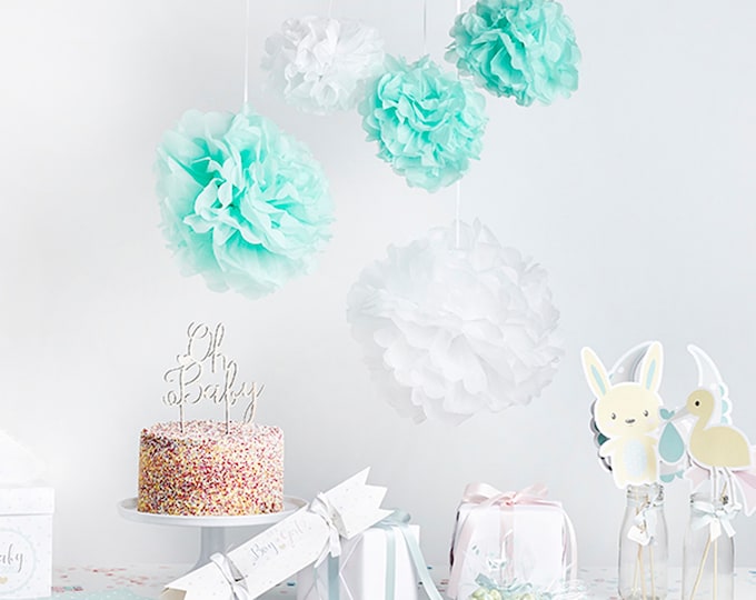 MINT GREEN POMPOMS. kit to make 5 lovely pom poms to add style to your boy baby shower naming party or christening