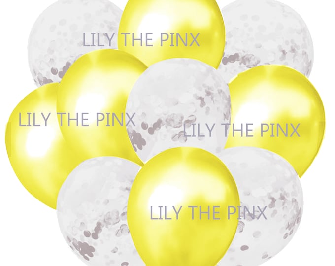 10 pack party balloons. 5 metallic YELLOW and 5 WHITE confetti filled balloons 50th anniversary, grown up birthday party, christmas