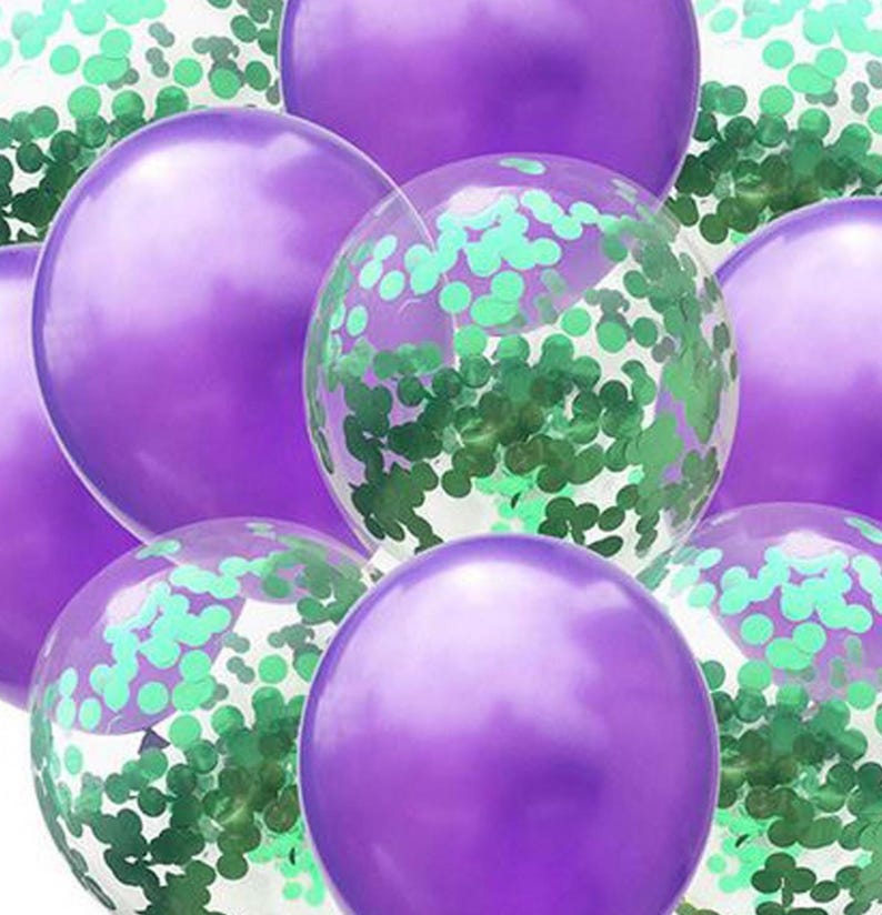 FREE POSTAGE! 10 pack of green & purple balloons 5 metallic purple and 5 green confetti filled balloons Eid Ramadam new year party halloween image 2