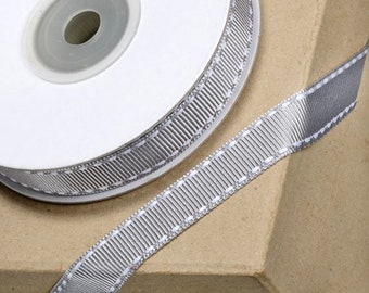 12mm silver grey GROSGRAIN RIBBON with WHITE stitching 12mm x 10 meters for decorating wedding or party venues, gifts or crafts