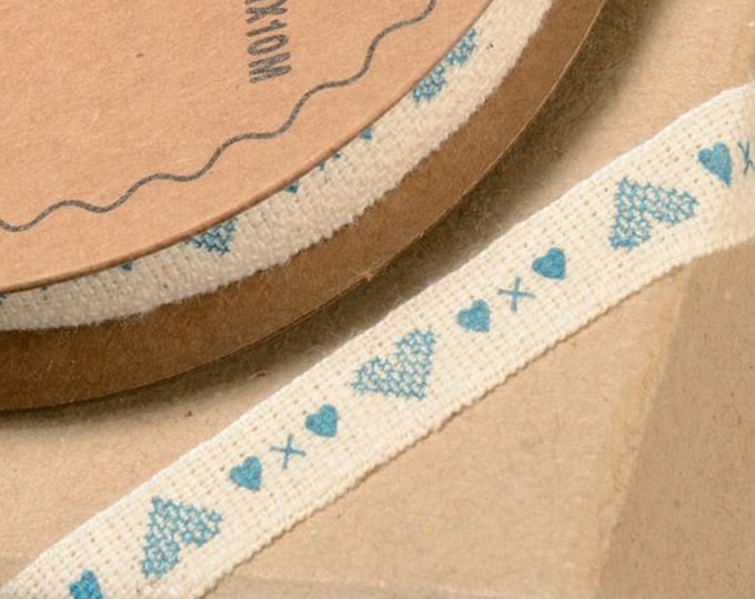Vintage BLUE heart on IVORY natural  ribbon 10mm wide and 10M long delicate design great for crafting projects
