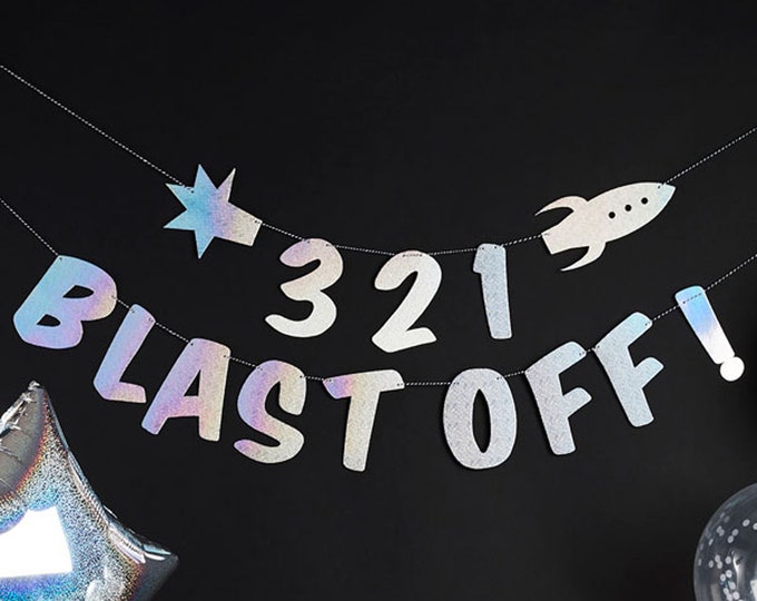321 BLAST OFF! Space party banner garland iridescent silver with space ship and a star 2M  fun banner made of foiled card
