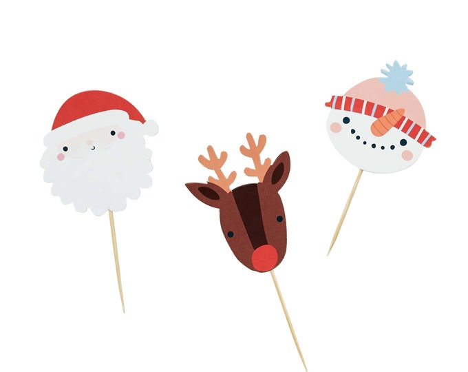 10 Christmas cup cake or mince pies decorative cake picks rudolph the red nosed reindeer & snowman 10 pack Table decoration
