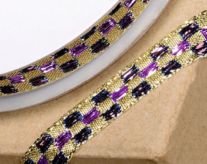 CHECKED LUREX RIBBON purple lilac and gold metallic glitter full 10mm x 10M reel ideal for decorating wedding party, gifts or crafts