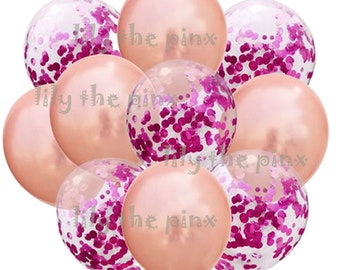 10 pack ROSE GOLD & fuchsia PINK balloons 5 metallic rose gold and 5 fuchsia pink confetti balloons anniversary, birthday party, christmas