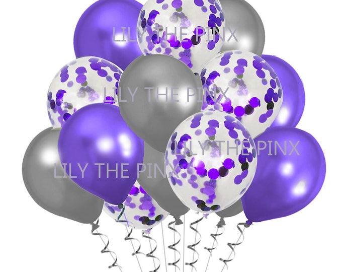 15 pack of party balloons 5 metallic silver, 5 purple metallic confetti and 5 metallic purple balloons wedding anniversary, birthday party