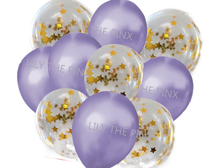 10 pack LILAC & GOLD STAR balloons 5 metallic plain lilac balloons and 5 gold star confetti filled balloons 50th anniversary, christmas