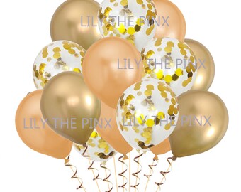 15 gold & peach party balloons 5 metallic gold 5 gold metallic confetti and 5 metallic fuchsia balloons wedding anniversary, birthday