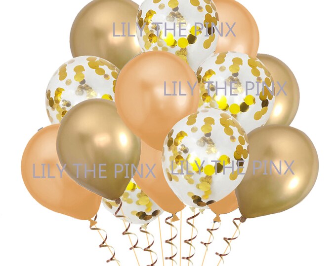 15 gold & peach party balloons 5 metallic gold 5 gold metallic confetti and 5 metallic fuchsia balloons wedding anniversary, birthday