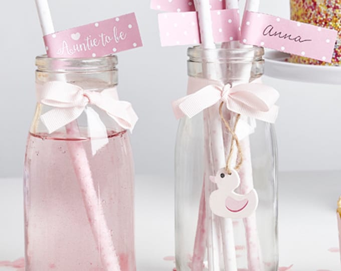 20 PASTEL PINK polka dot white paper straws 200mm long. Each straw has a flag to personalize for your guests baby shower or party