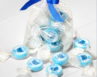 50 Blue IT'S A BOY strawberry & cream flavoured rock candy sweets baby shower party bag favours favors.  Each sweet is individually wrapped