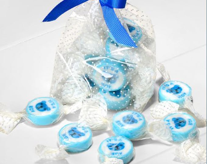 50 Blue IT'S A BOY strawberry & cream flavoured rock candy sweets baby shower party bag favours favors.  Each sweet is individually wrapped