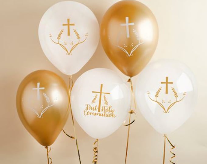 5 LARGE 1st HOLY COMMUNION balloons gold & white each balloon decorated with a cross