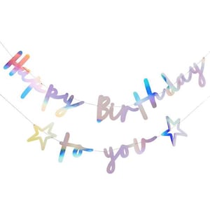SILVER IRIDESCENT &#39;Happy birthday to you&#39; banner party decoration can be used as bunting or a hanging garland the shiny foil casts rainbows