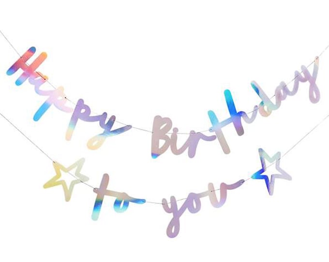 SILVER IRIDESCENT 'Happy birthday to you' banner party decoration can be used as bunting or a hanging garland the shiny foil casts rainbows