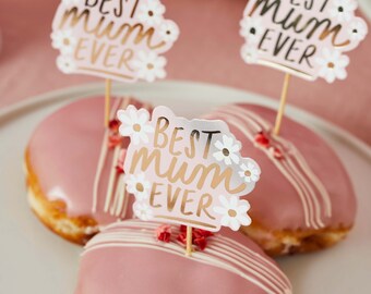 Mothers Day or birthday BEST MUM EVER cup cake toppers cake pickswhite and gold daisies and gold foiled centerpiece 'Best Mum Ever'
