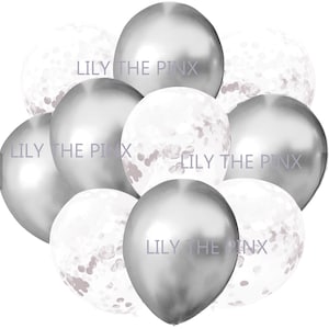10 SILVER & WHITE balloons. 5 metallic silver and 5 white confetti filled balloons 25th anniversary, childrens birthday party, christmas