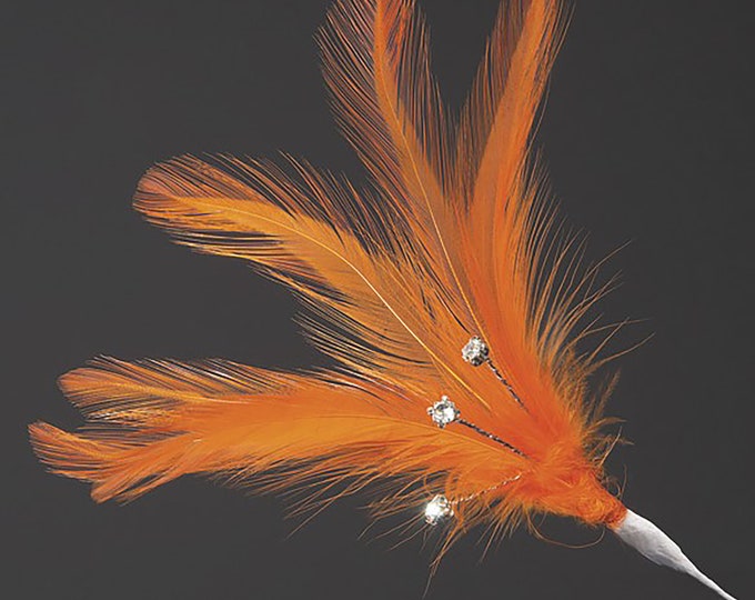 Pack of 6 ORANGE real FEATHERS with DIAMANTES great for crafting, hatmaking, wedding hair, floral decorations and bouquets