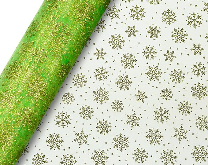 300mm x 10m GREEN & GOLD ORGANZA roll of net christmas or venue decoration green sheer organza with a gold snowflake pattern
