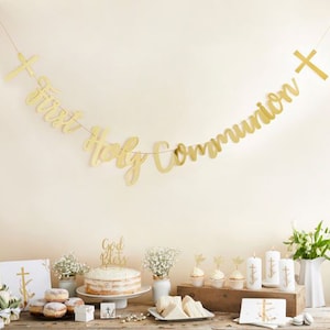 Metallic Gold 1st HOLY COMMUNION banner made from foiled card 2m long party garland conformation