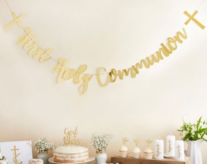 Metallic Gold 1st HOLY COMMUNION banner made from foiled card 2m long party garland conformation