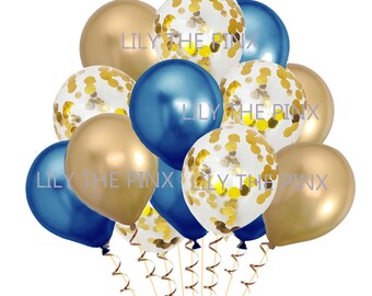 15 gold & blue party balloons 5 metallic gold 5 gold metallic confetti and 5 metallic blue balloons wedding anniversary, birthday