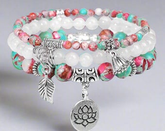 CHARMS BRACELET pink green & white HANDBEADED bangle quartz stones decorated with silver flower charms and beads Christmas birthday present