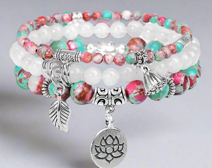 CHARMS BRACELET pink green & white HANDBEADED bangle quartz stones decorated with silver flower charms and beads Christmas birthday present