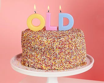Free Postage! 'OLD' Birthday cake candles Pink blue and yellow novelty candles for your favourite oldie's celebration