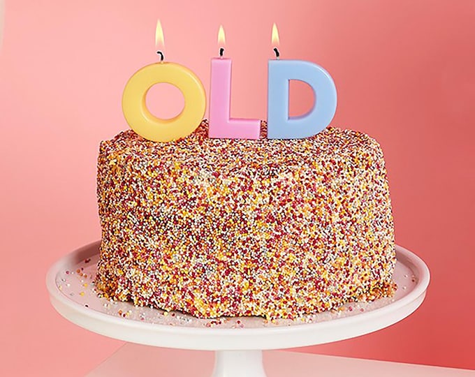 Free Postage! 'OLD' Birthday cake candles Pink blue and yellow novelty candles for your favourite oldie's celebration