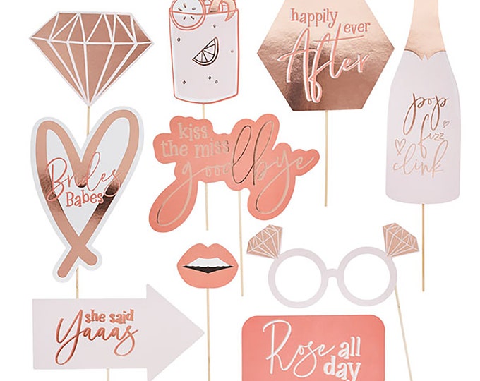 Hen party ROSE GOLD & GOLD photo booth prop kit. Designed to jazz up your hen party with props that your guests will love. make the memories