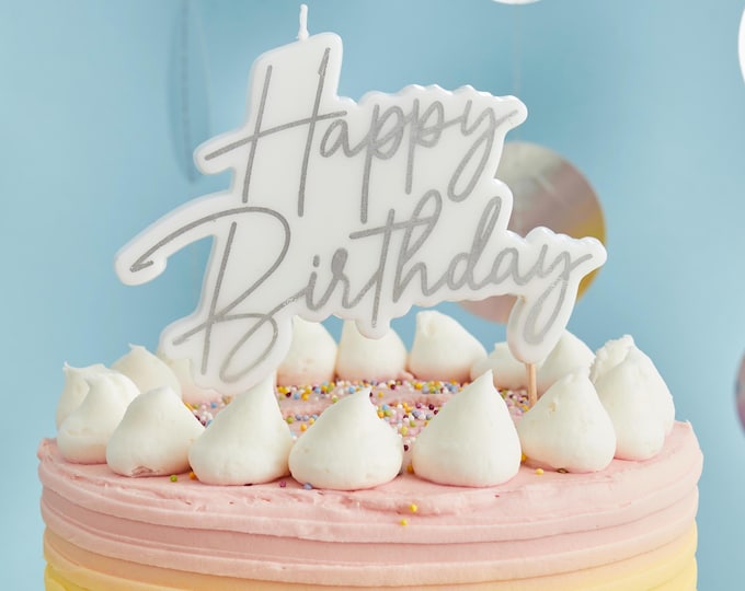 SILVER & WHITE Happy Birthday Wax Candle Cake Topper. large white candle with gold lettering Great candle as you only have to light one wick