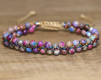 Imperial Jasper Handmade Beaded Gemstone Bracelet Adjustable size purple blue pink
