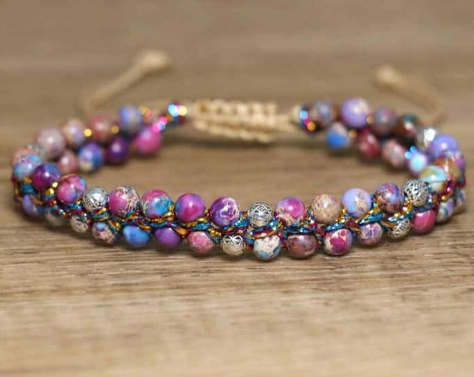 Imperial Jasper Handmade Beaded Gemstone Bracelet Adjustable size purple blue pink