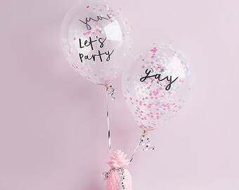Stylish party 300mm clear balloons with PINK confetti 'YAY' 'let's party' printed luxury balloons christmas  or new year's eve party