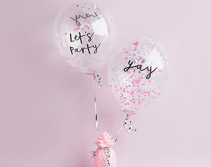 Stylish party 300mm clear balloons with PINK confetti 'YAY' 'let's party' printed luxury balloons christmas  or new year's eve party