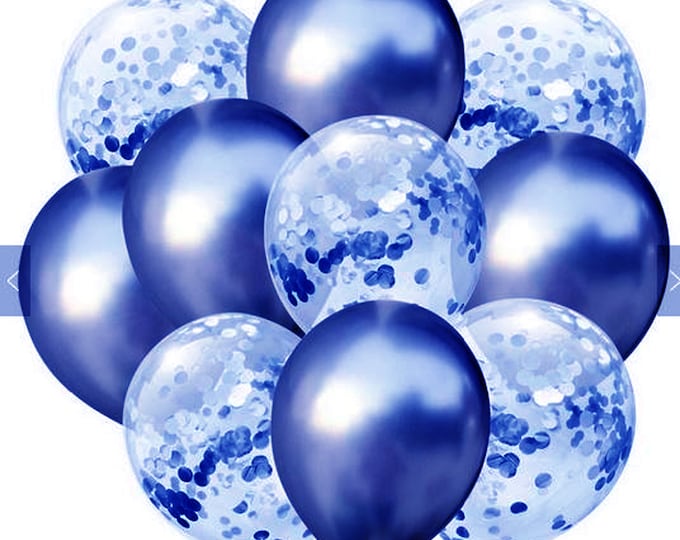 10 pack blue balloons. 5 metallic blue and 5 blue  confetti filled balloons 45th sapphire anniversary childrens birthday party
