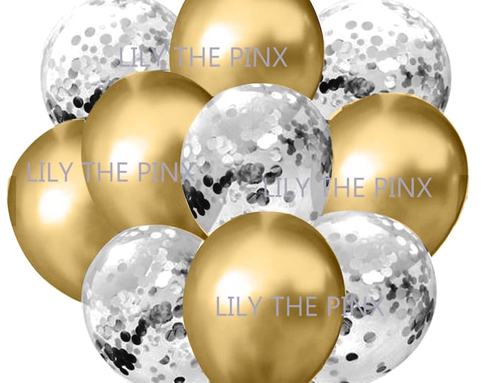 10 pack of GOLD & SILVER christmas balloons 5 metallic gold and 5 clear with silver confetti filled balloons new years party