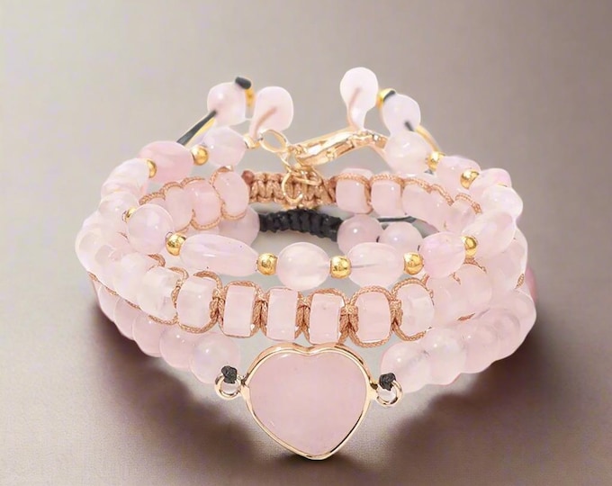 Natural ROSE QUARTZ PINK Heart Hand Beaded Bracelets Aquarius Birthstone, adjustable 3 in 1-layer bracelet Christmas birthday gift