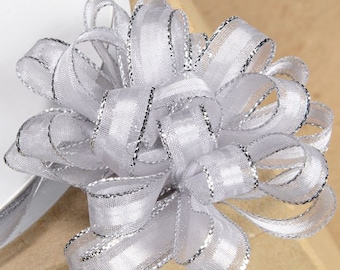 10mm organza PULL BOW RIBBON silver with silver edging 25 meters ideal for decorating wedding or party venues, gifts or crafts