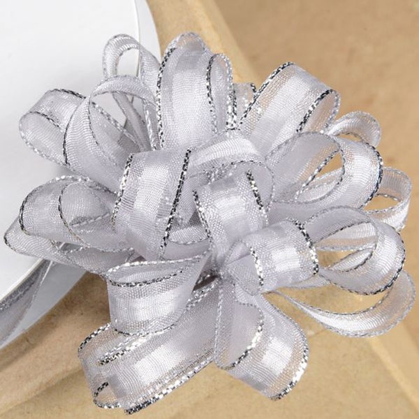 RUBAN EN organza À TIRANT 10 mm argenté avec liseré argenté 25 mètres idéal pour décorer des lieux de mariage ou de fête, des cadeaux ou des travaux manuels