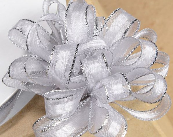 10mm organza PULL BOW RIBBON silver with silver edging 25 meters ideal for decorating wedding or party venues, gifts or crafts