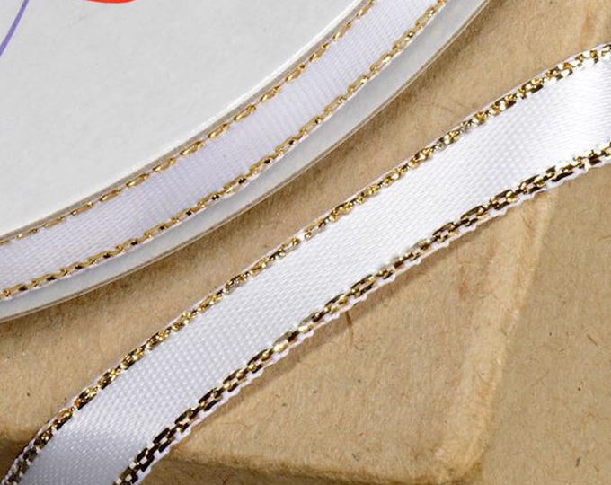 6mm X 25M SATIN LUREX RIBBON white with gold glitter edging for decorating wedding or party venues, favours favors gifts or crafts