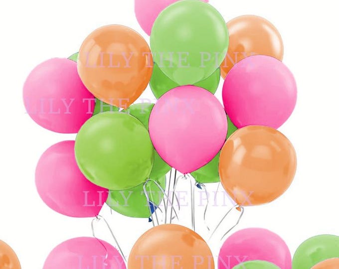 FREE POSTAGE! 15 pack of lime green orange & FUCHSIA pink metallic large thick latex balloons 5 of each colour birthday party, easter party