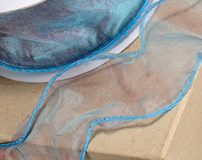 Two-Tone blue Wired Edge Organza Ribbon - 50mm x 25m  EXTRA WIDE fabulous to twist and make into spectacular bows or for dressmaking