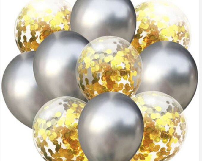 10 SILVER & GOLD balloons. 5 metallic silver and 5 gold confetti filled balloons 25th anniversary, childrens birthday party, christmas