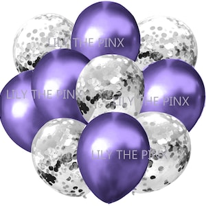 FREE POSTAGE! 10 pack of purple & silver balloons 5 metallic purple and 5 silver confetti filled balloons new years party, halloween